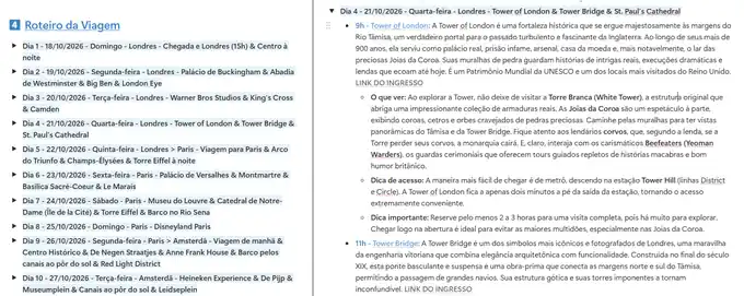 Print real de um roteiro personalizado: Dia a dia com horários